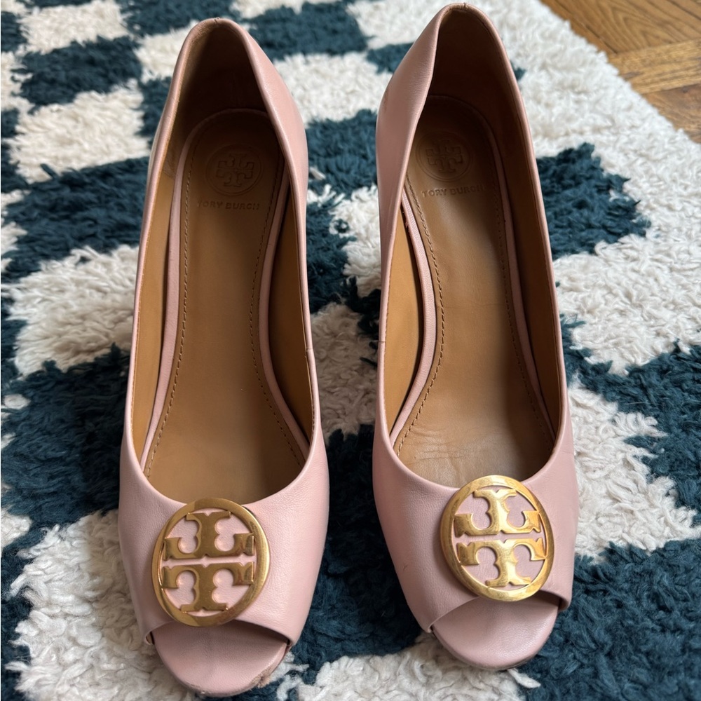 Tory Burch Blush Peep-Toe wedge with Gold Accent